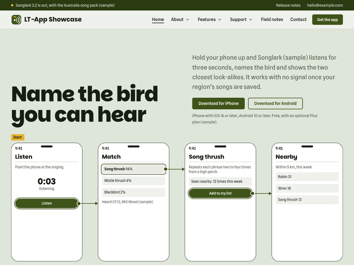Home page of the LT App Showcase demo