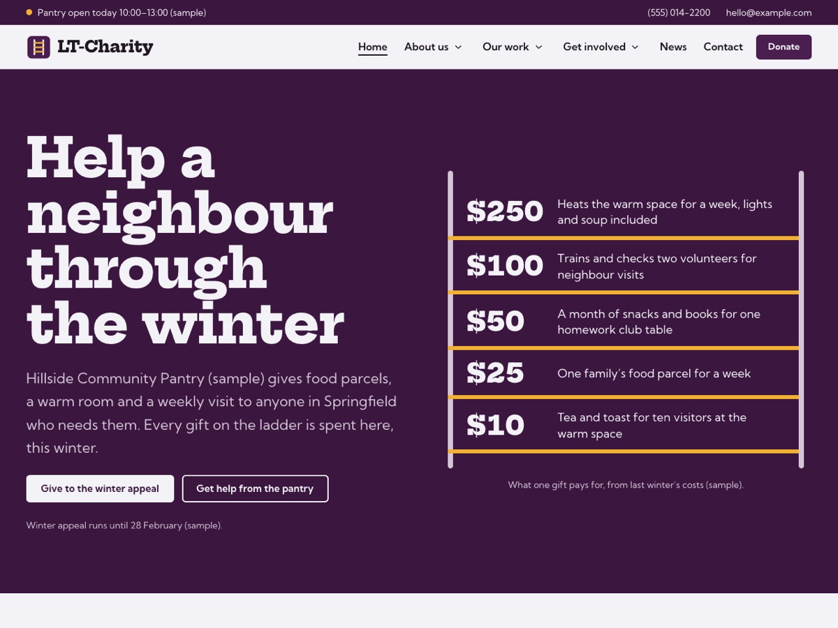Home page of the LT Charity demo