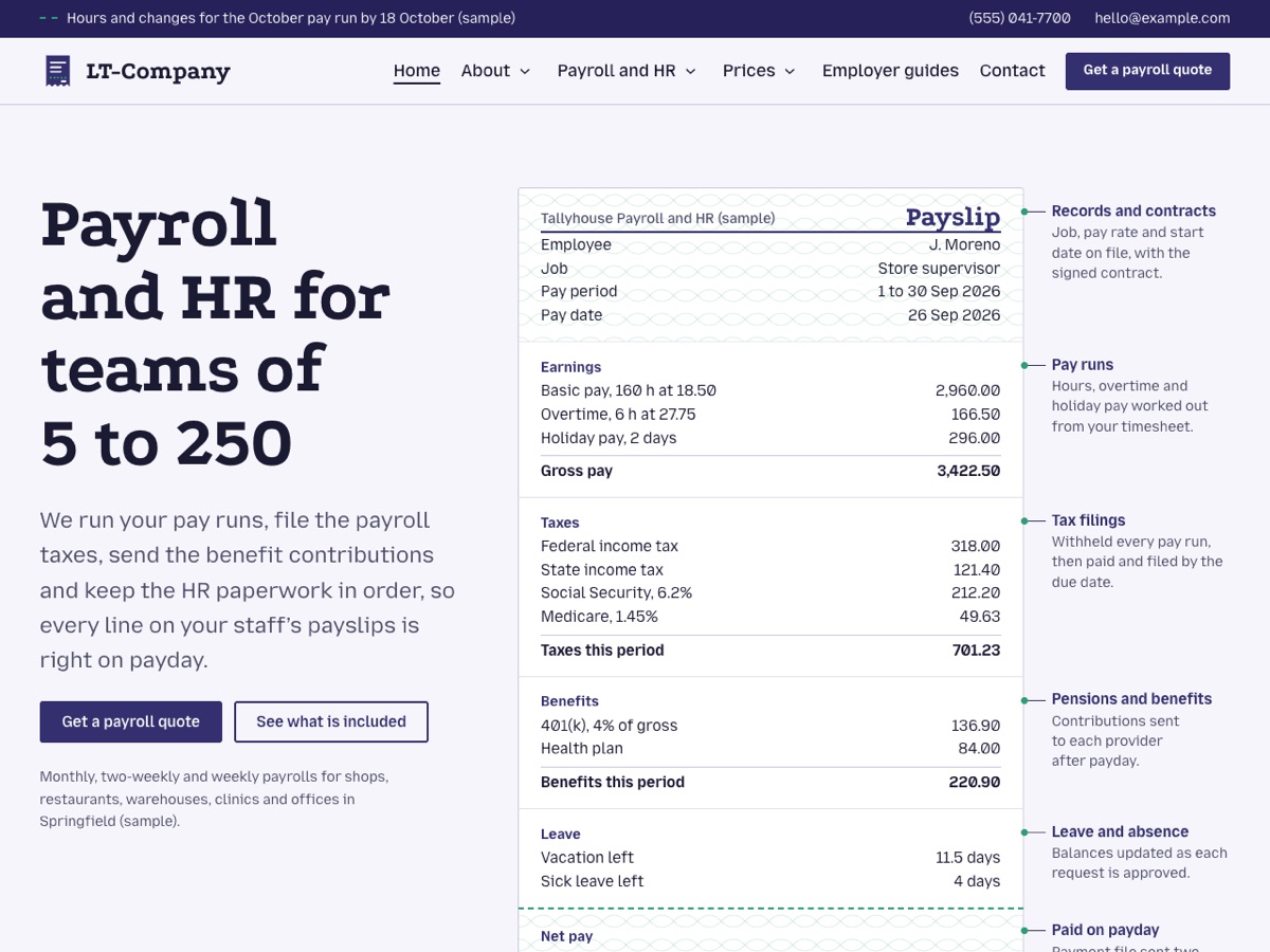 Home page of the LT Company demo