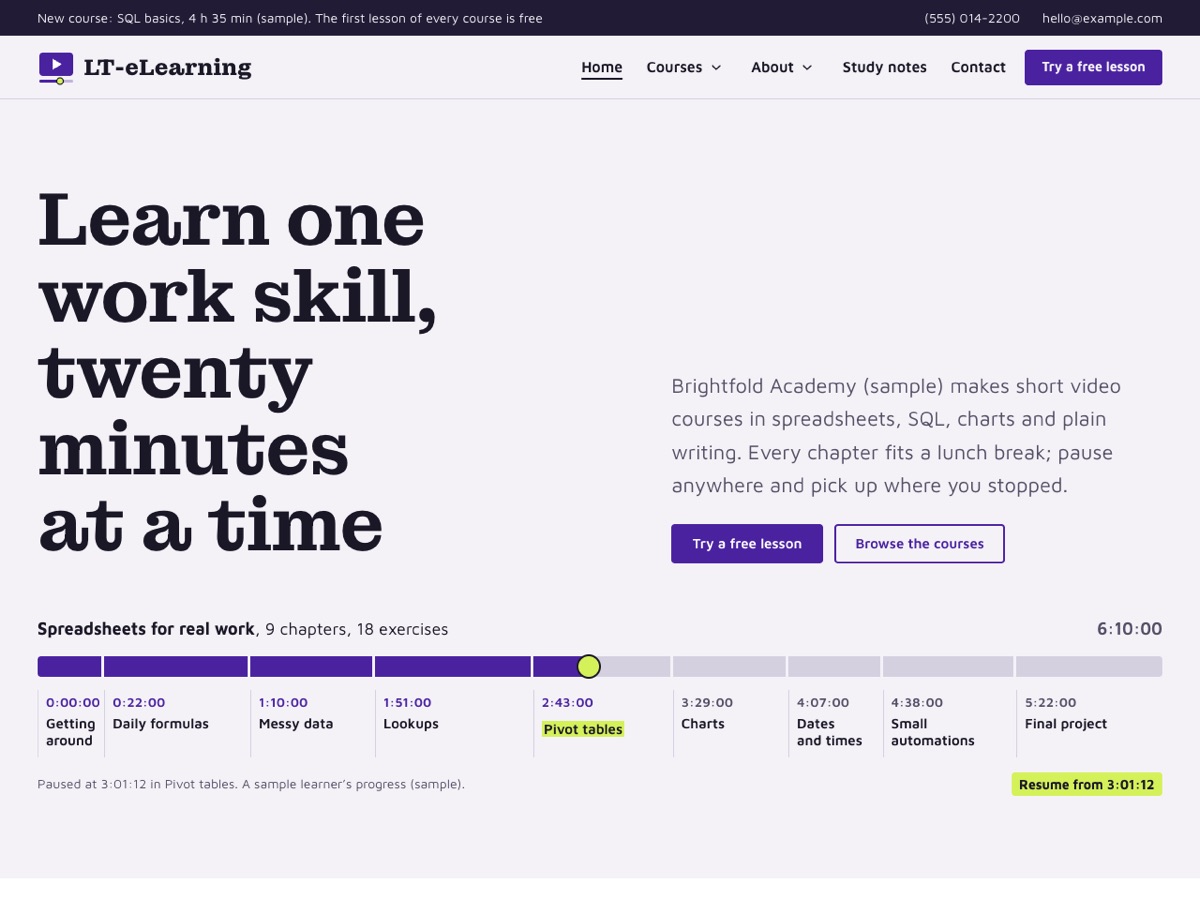 Home page of the LT eLearning demo