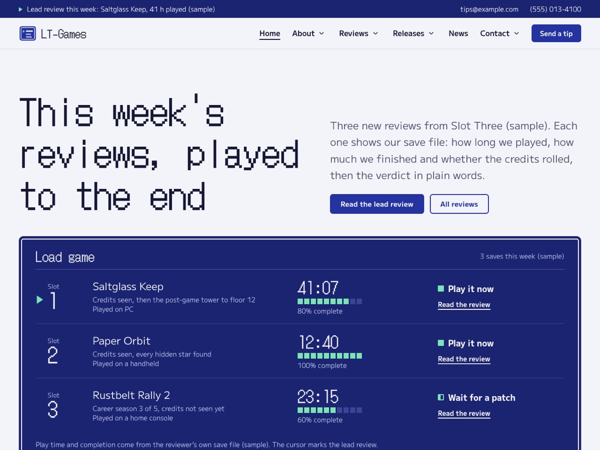 Home page of the LT Game demo