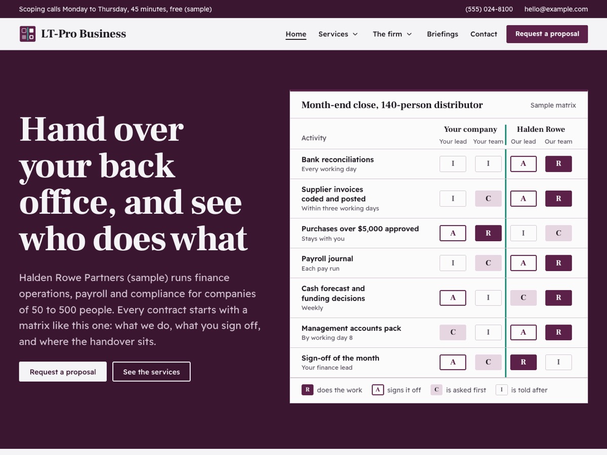 Home page of the LT Pro Business demo