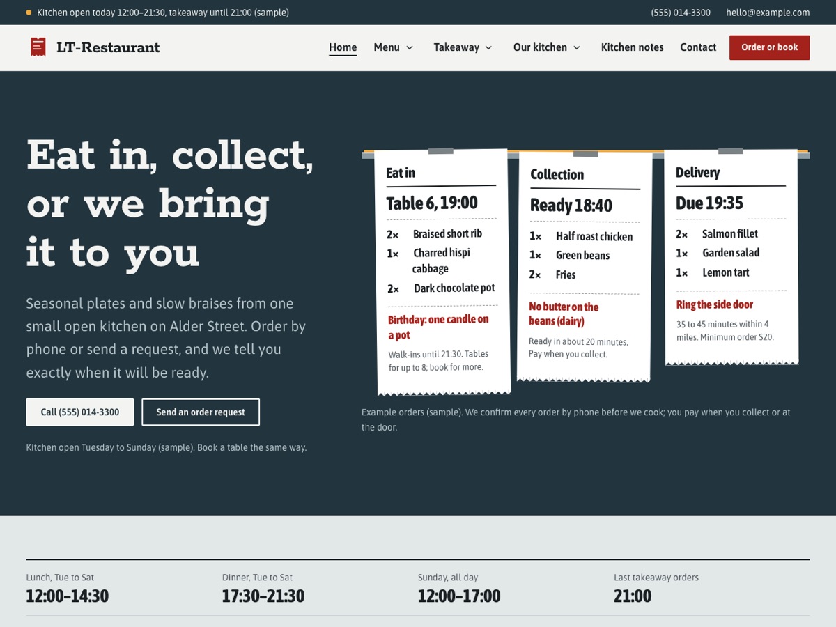 Home page of the LT Restaurant demo