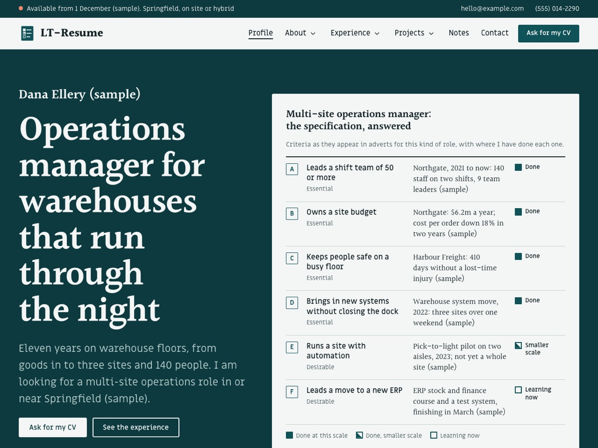 Home page of the LT Resume demo