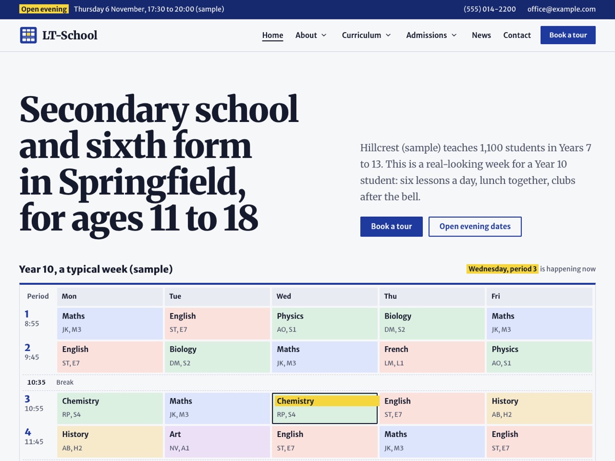 Home page of the LT School demo