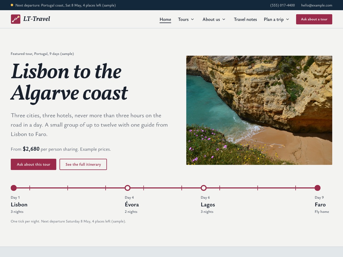 Home page of the LT Travel demo