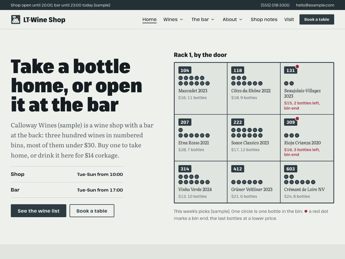 Home page of the LT Wine Shop demo