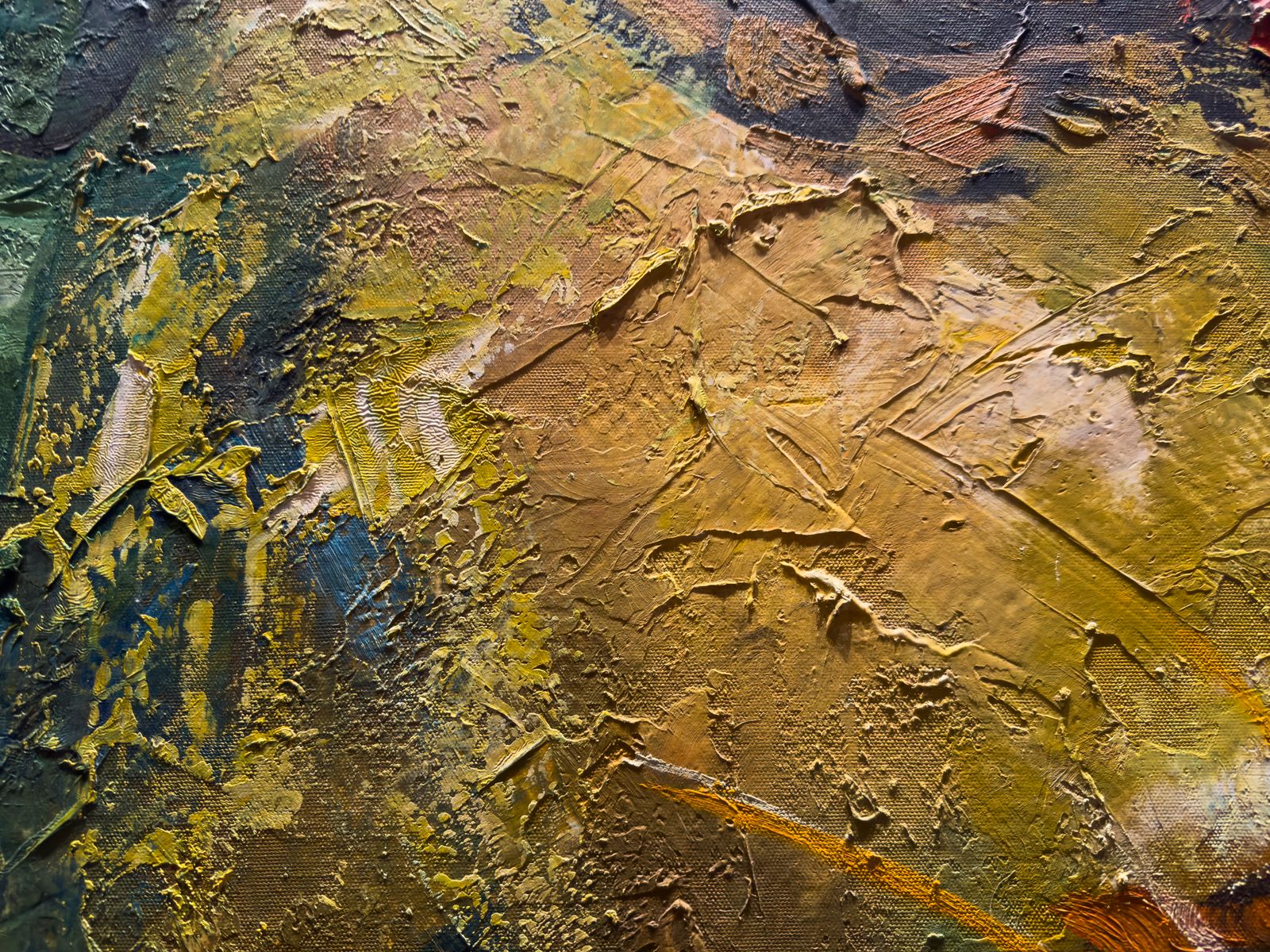Close view of a painting in ochre and olive with heavy palette-knife texture