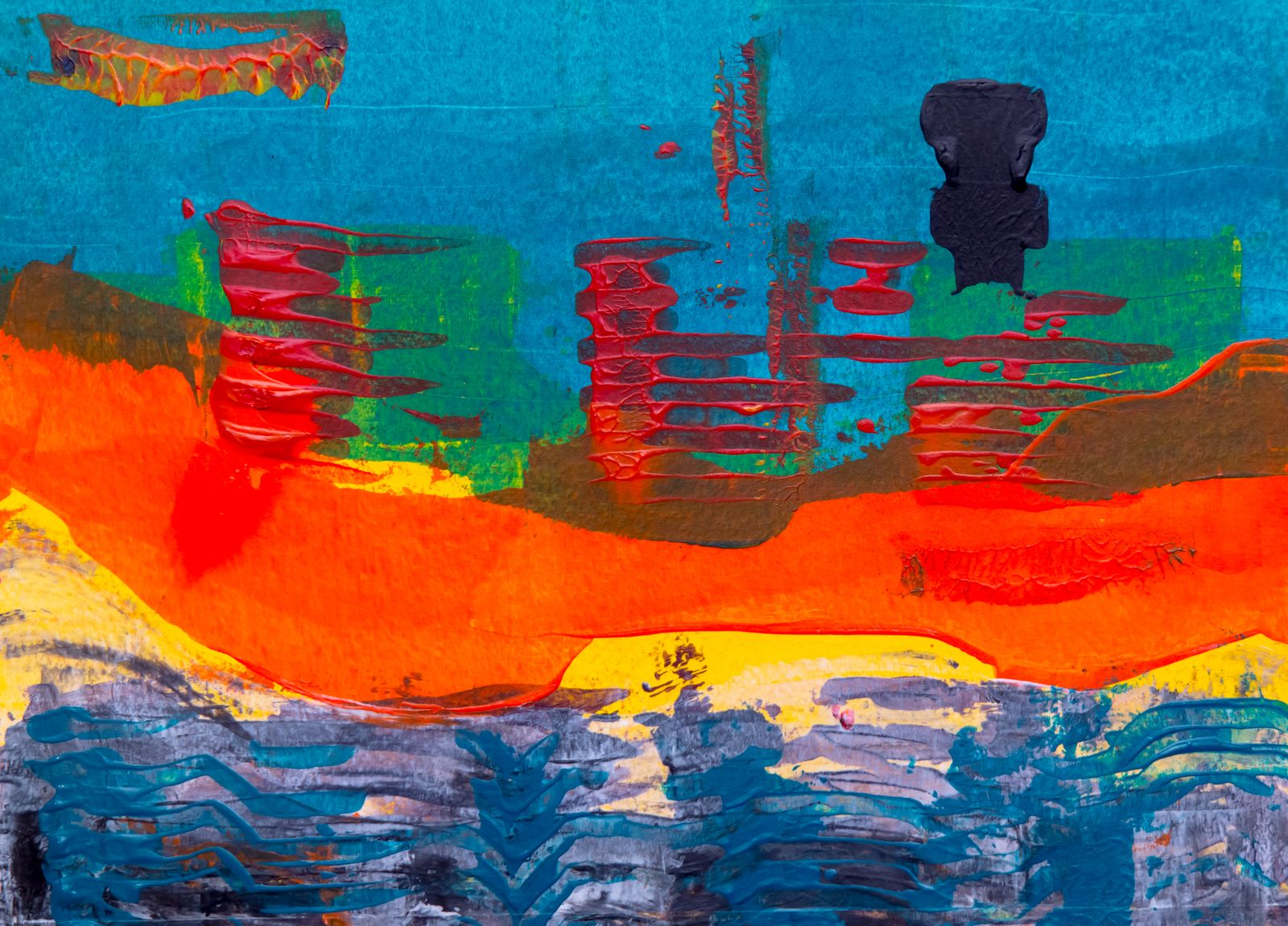 Painting of red and green boat shapes on orange water under a blue sky