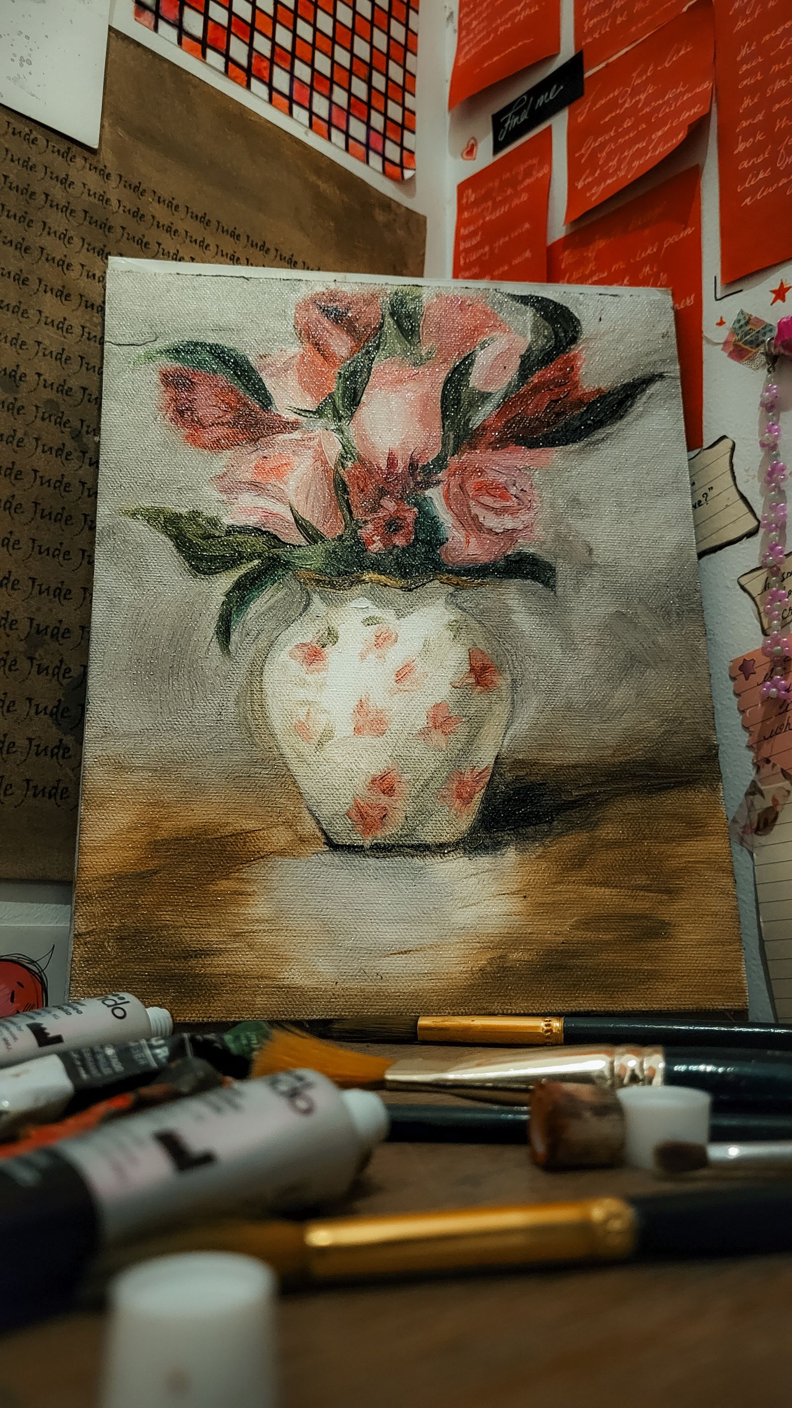 Painting of pink garden roses in a white jug with a painted pattern