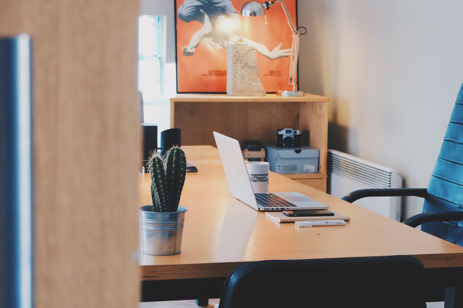 A tidy office desk with a laptop, a plant and a desk lamp
