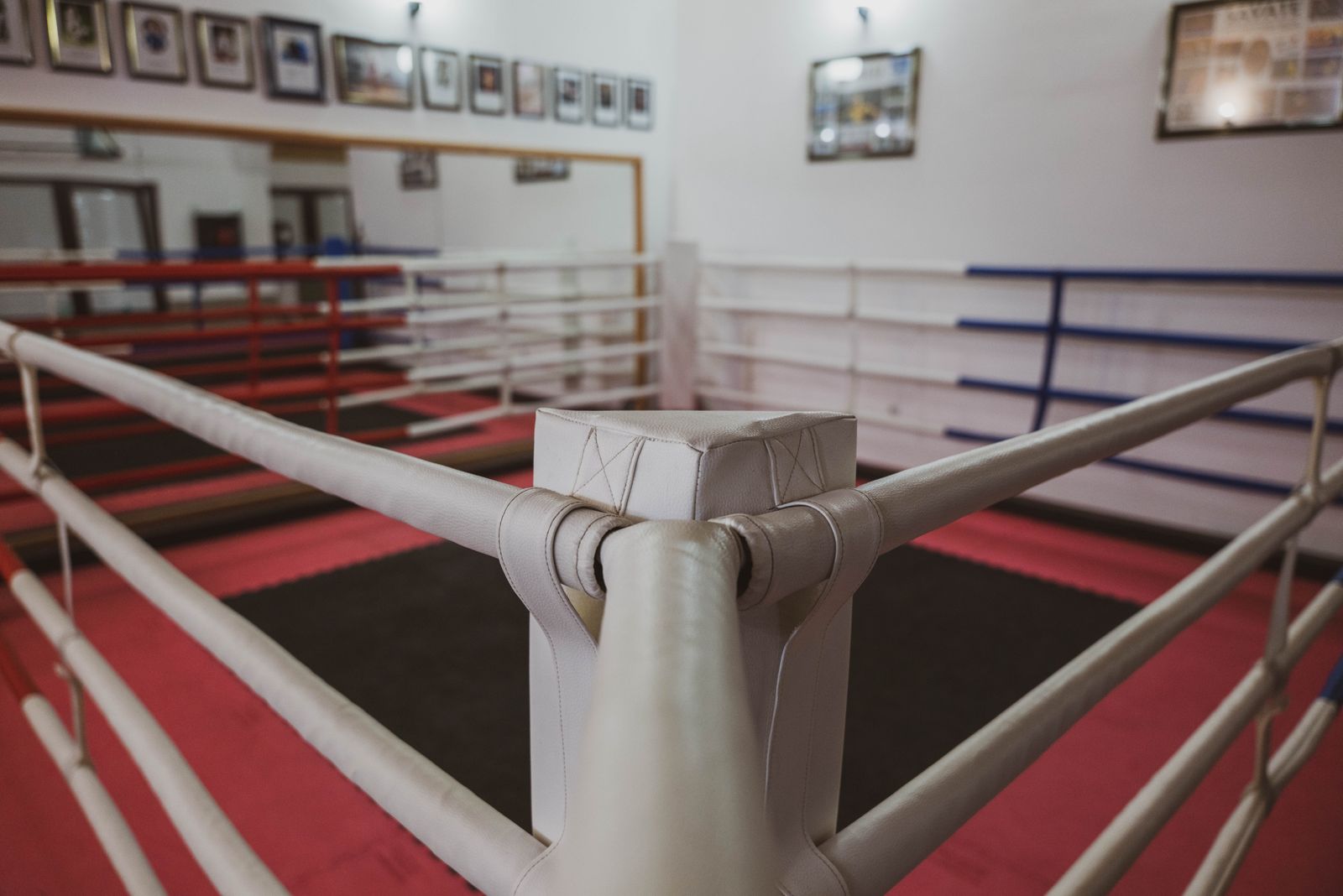 The corner of a boxing ring with red and blue ropes and a padded corner post