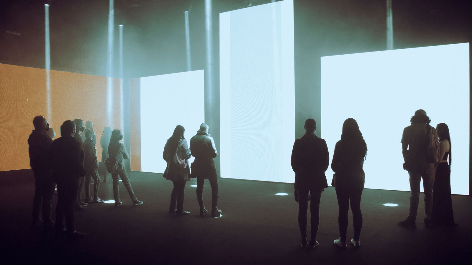 Visitors seen from behind in a dark room lit by large blank screens