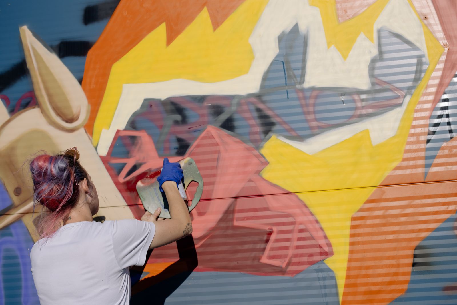 A painter seen from behind spraying a large pink and yellow mural on a shutter wall