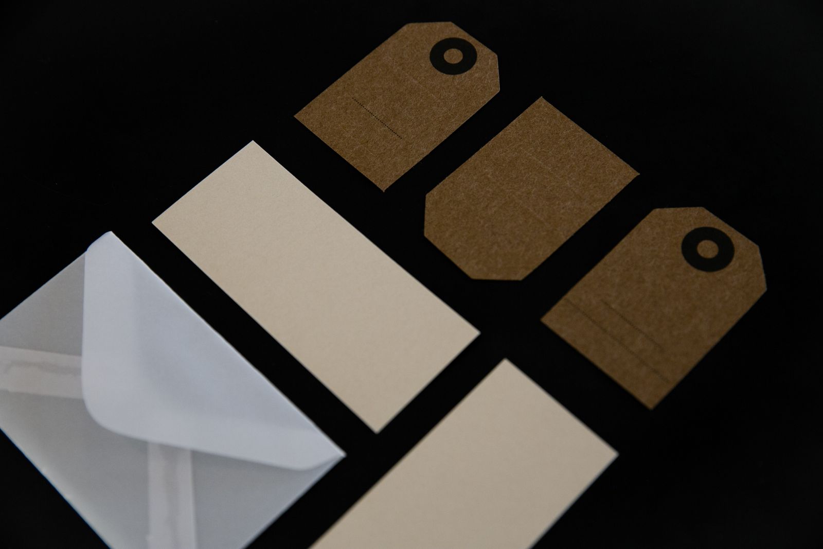 Blank kraft tags, cards and an envelope on a dark surface