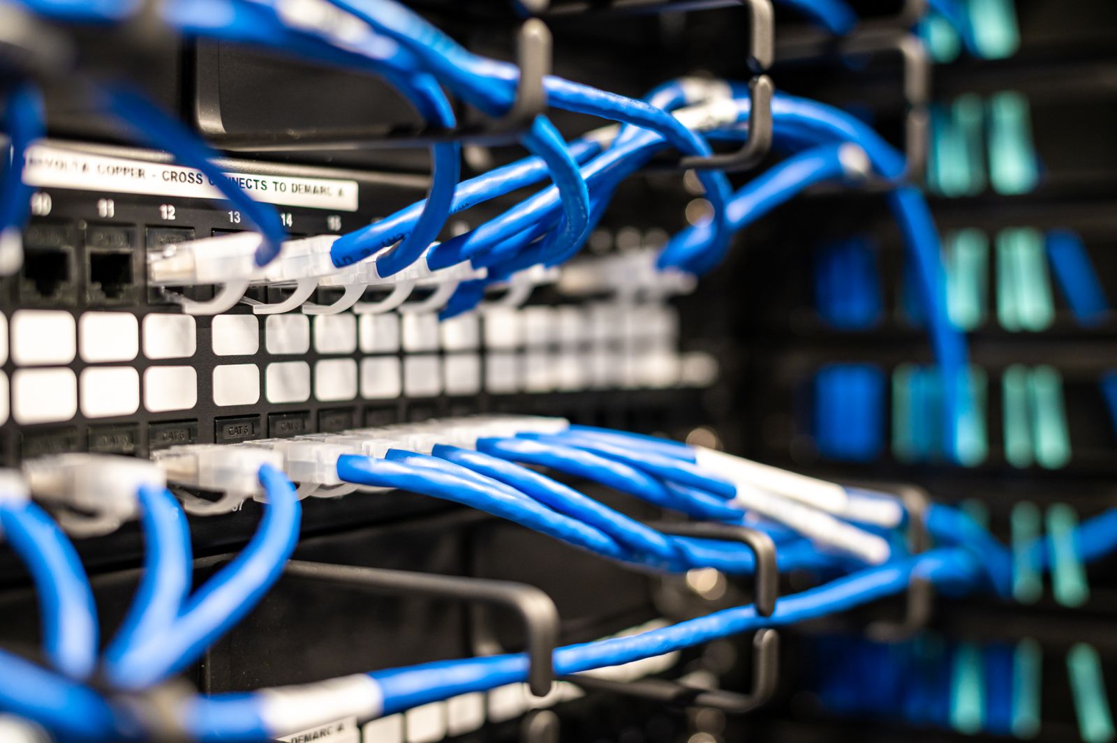 Blue network cables plugged into a patch panel in a cabinet