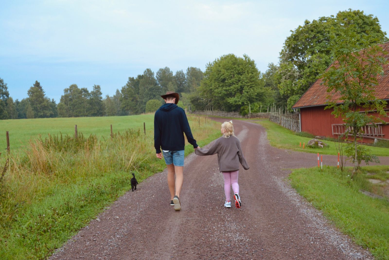 A parent and child walking hand in hand down a country road, seen from behind