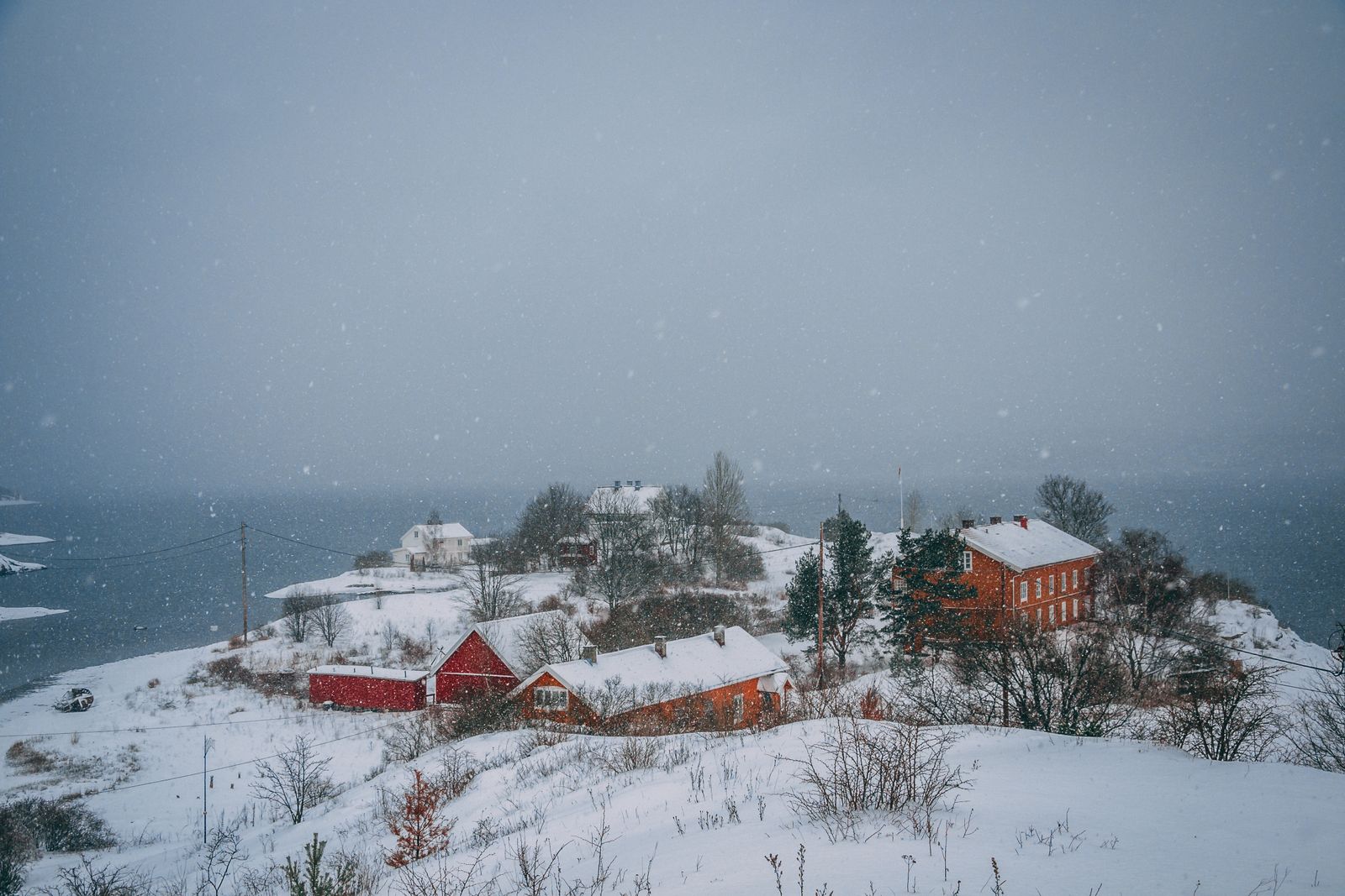 Red wooden houses in the snow on a misty fjord shore