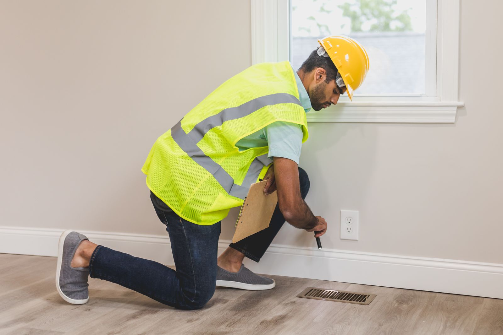 A surveyor in a hard hat inspecting a vent low on an indoor wall