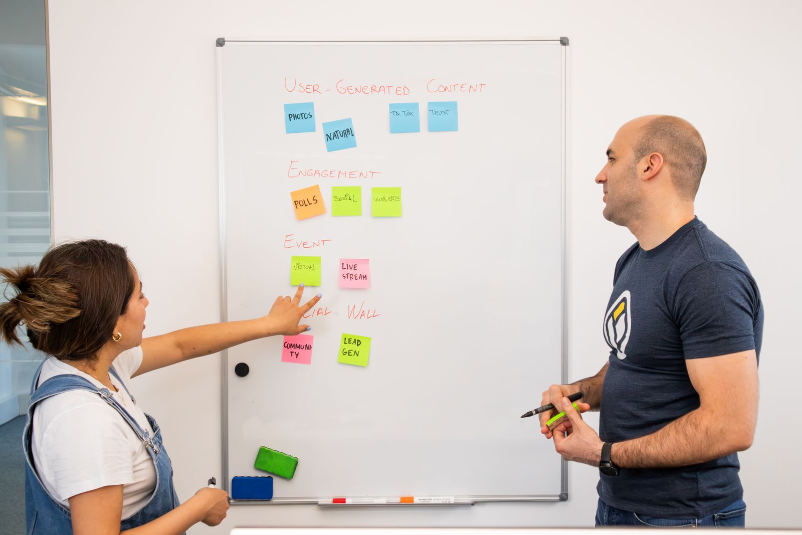 Two people planning a project with sticky notes on a whiteboard