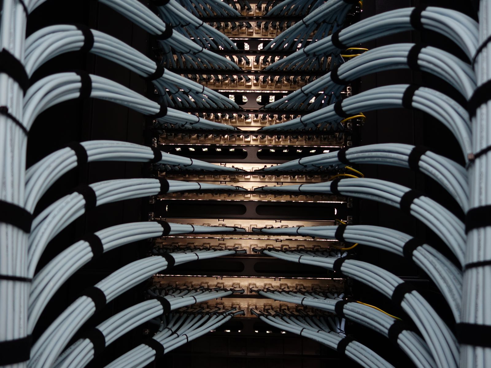 Bundles of grey network cables neatly dressed into a rack