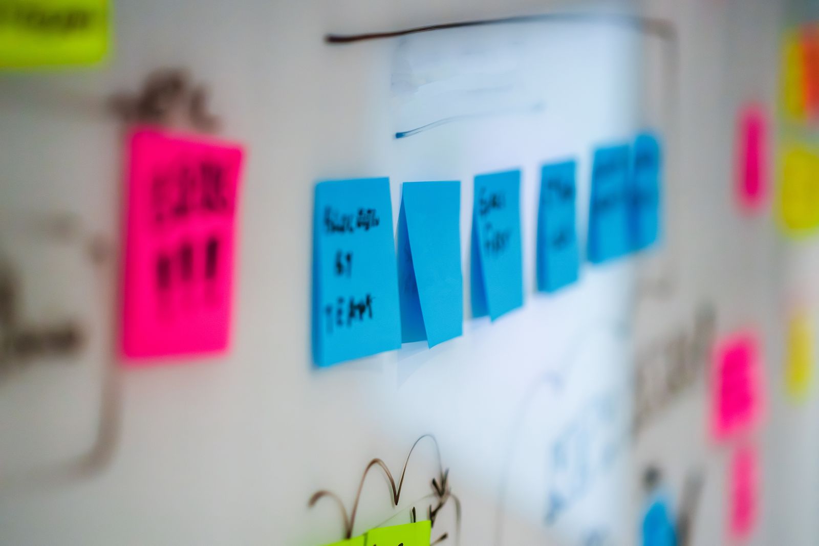 Sticky notes grouped on a whiteboard during a strategy workshop