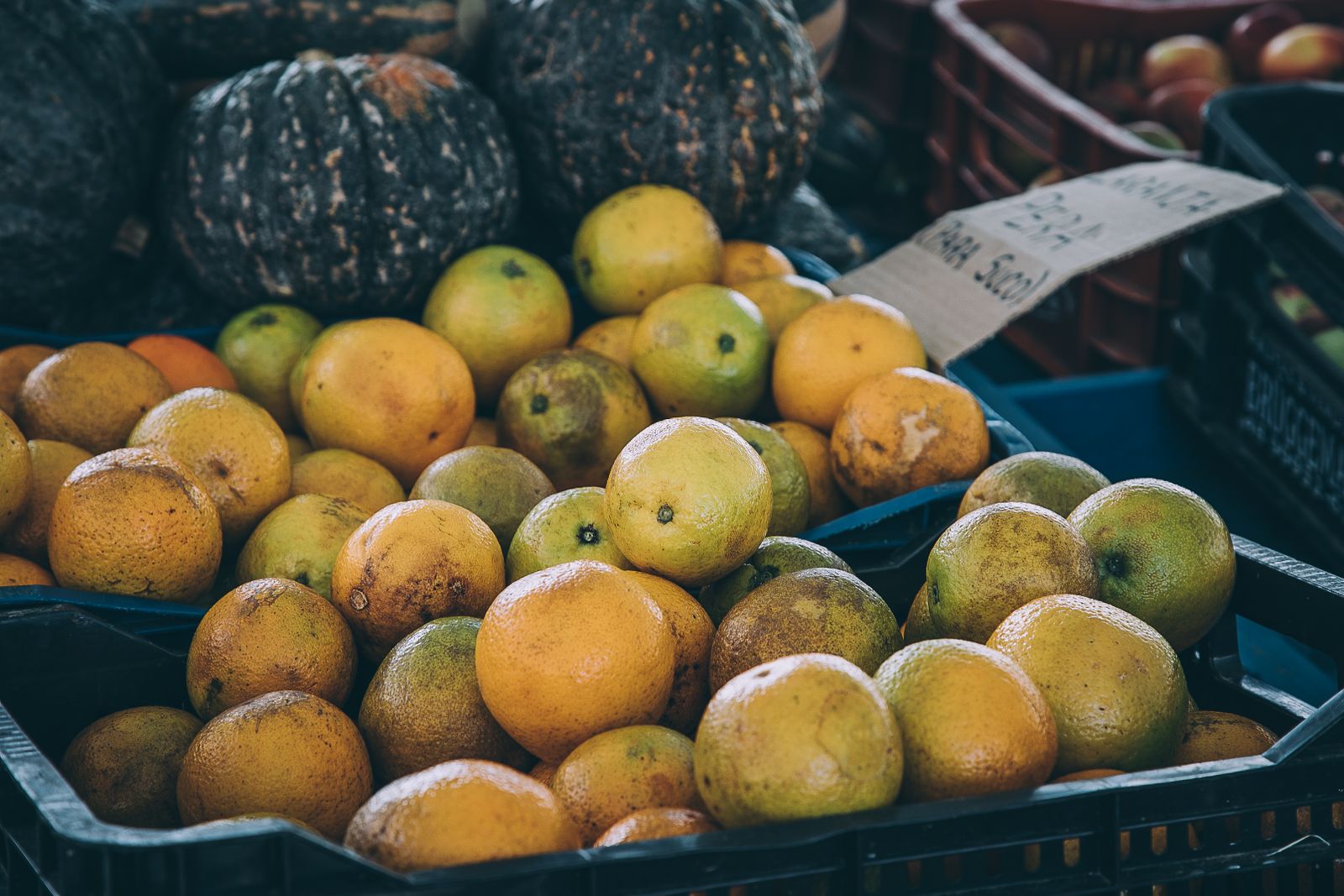 A basket of oranges and lemons on a market stall